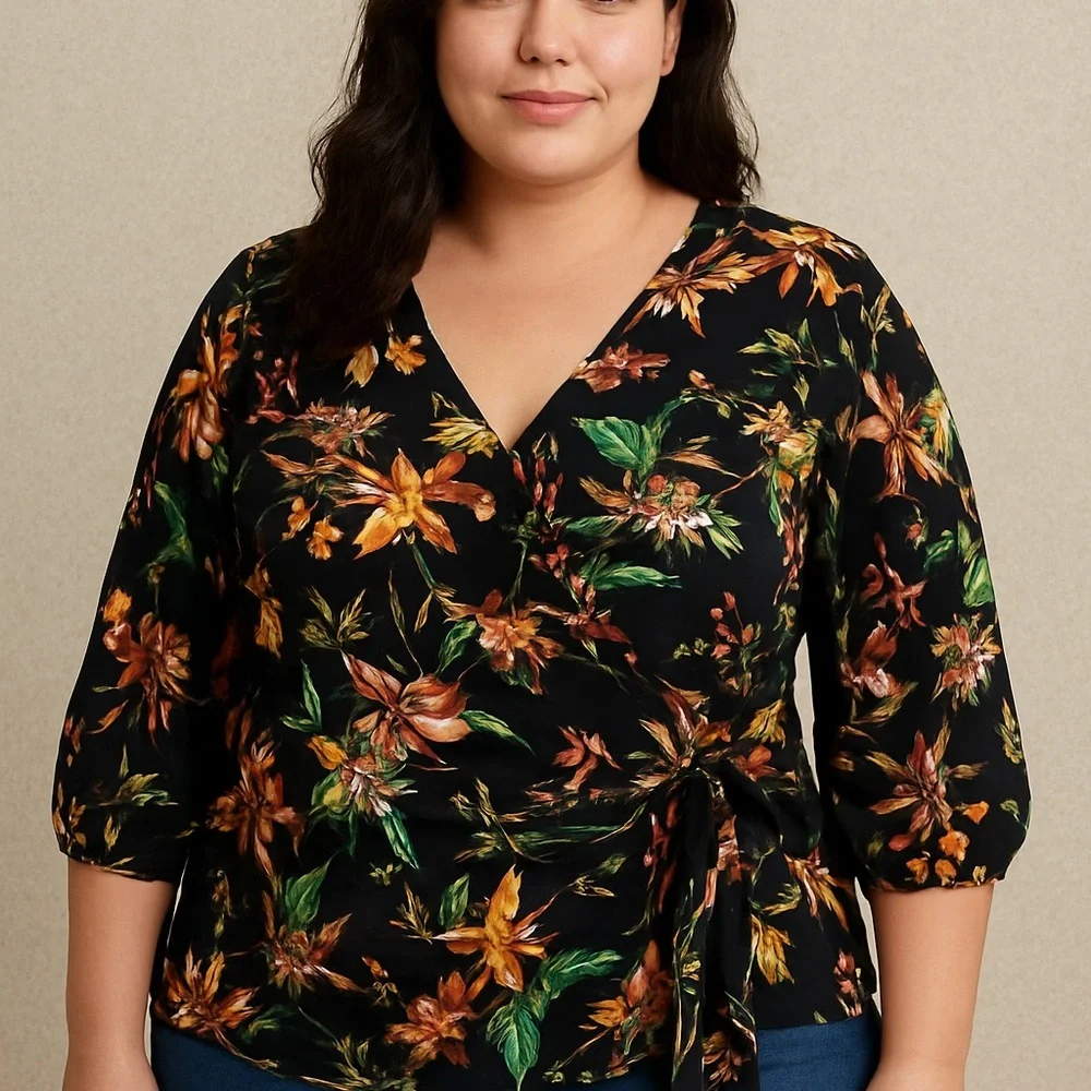 NEW Worthington Black Floral Wrap Blouse Womens Size 4X Stretch - Picture 1 of 16